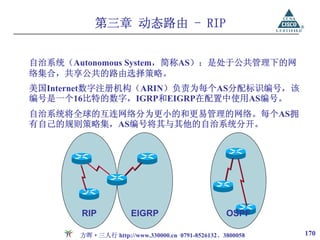 第三章 动态路由 - RIP


自治系统（Autonomous System，简称AS）：是处于公共管理下的网
络集合，共享公共的路由选择策略。
美国Internet数字注册机构（ARIN）负责为每个AS分配标识编号，该
编号是一个16比特的数字，IGRP和EIGRP在配置中使用AS编号。
自治系统将全球的互连网络分为更小的和更易管理的网络。每个AS拥
有自己的规则策略集，AS编号将其与其他的自治系统分开。




       RIP           EIGRP                       OSPF

       方晖·三人行 http://www.330000.cn 0791-8526132、3800058   170
 