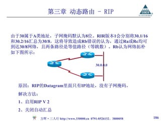 第三章 动态路由 - RIP


由于30属于A类地址，子网掩码默认为8位。RIR版本1会分别将30.1/16
和30.2/16汇总为30/8，这将导致造成Rb错误的认为，通过Ra或Rc均可
到达30/8网络，且两条路径是等值路径（等跳数）。Rb认为网络拓朴
如下图所示：                  C

                B                        30.0.0.0

                                   A


  原因：RIP的Datagram里面只有IP地址，没有子网掩码。
  解决方法：
  1、启用RIP V 2
  2、关闭自动汇总
         方晖·三人行 http://www.330000.cn 0791-8526132、3800058   186
 