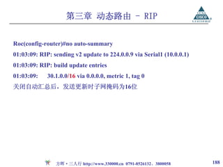 第三章 动态路由 - RIP


Roc(config-router)#no auto-summary
01:03:09: RIP: sending v2 update to 224.0.0.9 via Serial1 (10.0.0.1)
01:03:09: RIP: build update entries
01:03:09:    30.1.0.0/16 via 0.0.0.0, metric 1, tag 0
关闭自动汇总后，发送更新时子网掩码为16位




                方晖·三人行 http://www.330000.cn 0791-8526132、3800058       188
 