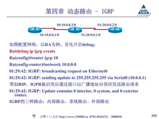 第四章 动态路由 - IGRP

                           S0:10.0.0.2/8              S1:20.0.0.2/8
            A                          B                         C
                S0:10.0.0.1/8              S1:20.0.0.1/8

如图配置网络，以RA为例，首先开启debug：
Ra#debug ip igrp events
Ra(config)#router igrp 10
Ra(config-router)#network 10.0.0.0
01:29:42: IGRP: broadcasting request on Ethernet0
01:29:42: IGRP: sending update to 255.255.255.255 via Serial0 (10.0.0.1)
类似RIP，IGPR被启用后通过接口以广播地址向邻居发送路由请求
01:29:42: IGRP: Update contains 0 interior, 0 system, and 0 exterior
  routes.
IGRP的三种路由：内部路由、系统路由、外部路由


                方晖·三人行 http://www.330000.cn 0791-8526132、3800058           205
 