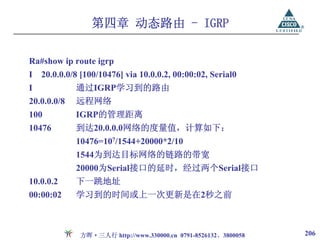 第四章 动态路由 - IGRP

Ra#show ip route igrp
I 20.0.0.0/8 [100/10476] via 10.0.0.2, 00:00:02, Serial0
I            通过IGRP学习到的路由
20.0.0.0/8   远程网络
100          IGRP的管理距离
10476        到达20.0.0.0网络的度量值，计算如下：
             10476=107/1544+20000*2/10
             1544为到达目标网络的链路的带宽
             20000为Serial接口的延时，经过两个Serial接口
10.0.0.2     下一跳地址
00:00:02     学习到的时间或上一次更新是在2秒之前



             方晖·三人行 http://www.330000.cn 0791-8526132、3800058   206
 