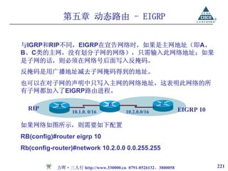 第五章 动态路由 - EIGRP


与IGRP和RIP不同，EIGRP在宣告网络时，如果是主网地址（即A、
B、C类的主网，没有划分子网的网络），只需输入此网络地址；如果
是子网的话，则必须在网络号后面写入反掩码。
反掩码是用广播地址减去子网掩码得到的地址。
也可以在对子网的声明中只写入主网的网络地址，这表明此网络的所
有子网都加入了EIGRP路由进程。

            A                   B                    C
  RIP            10.1.0. 0/16          10.2.0.0/16            EIGRP 10

如果网络如图所示，则需要如下配置
RB(config)#router eigrp 10
Rb(config-router)#network 10.2.0.0 0.0.255.255


           方晖·三人行 http://www.330000.cn 0791-8526132、3800058              221
 