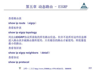 第五章 动态路由 - EIGRP


查看路由表
show ip route （eigrp）
查看拓朴表
show ip eigrp topology
列出由EIGRP协议所获取的所有路由信息，但并不是所有这些信息都
进入路由表并被路由器所使用，只有最佳的路由才被使用，即度量值
最小的路由。
查看邻居表
show ip eigrp neighbors （detail）
查看协议
show ip protocol

           方晖·三人行 http://www.330000.cn 0791-8526132、3800058   223
 
