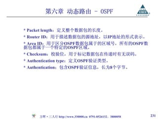 第六章 动态路由 - OSPF

* Packet length：定义整个数据包的长度。
* Router ID：用于描述数据包的源地址，以IP地址的形式表示。
* Area ID：用于区分OSPF数据包属于的区域号，所有的OSPF数
据包都属于一个特定的OSPF区域。
* Checksum：校验位，用于标记数据包在传递时有无误码。
* Authentication type：定义OSPF验证类型。
* Authentication：包含OSPF验证信息，长为8个字节。




      方晖·三人行 http://www.330000.cn 0791-8526132、3800058   231
 