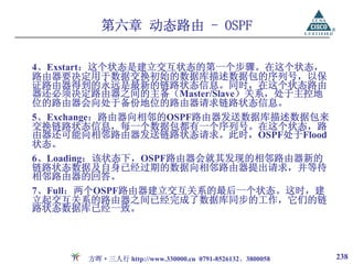 第六章 动态路由 - OSPF

4、Exstart：这个状态是建立交互状态的第一个步骤。在这个状态，
路由器要决定用于数据交换初始的数据库描述数据包的序列号，以保
证路由器得到的永远是最新的链路状态信息。同时，在这个状态路由
器还必须决定路由器之间的主备（Master/Slave）关系，处于主控地
位的路由器会向处于备份地位的路由器请求链路状态信息。
5、Exchange：路由器向相邻的OSPF路由器发送数据库描述数据包来
交换链路状态信息，每一个数据包都有一个序列号。在这个状态，路
由器还可能向相邻路由器发送链路状态请求。此时，OSPF处于Flood
状态。
6、Loading：该状态下，OSPF路由器会就其发现的相邻路由器新的
链路状态数据及自身已经过期的数据向相邻路由器提出请求，并等待
相邻路由器的回答。
7、Full：两个OSPF路由器建立交互关系的最后一个状态。这时，建
立起交互关系的路由器之间已经完成了数据库同步的工作，它们的链
路状态数据库已经一致。




      方晖·三人行 http://www.330000.cn 0791-8526132、3800058   238
 