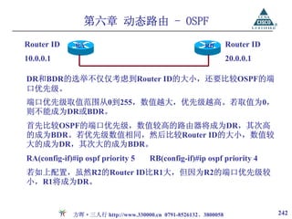 第六章 动态路由 - OSPF
Router ID     RA                                       RB       Router ID
10.0.0.1                                                        20.0.0.1

DR和BDR的选举不仅仅考虑到Router ID的大小，还要比较OSPF的端
口优先级。
端口优先级取值范围从0到255，数值越大，优先级越高。若取值为0，
则不能成为DR或BDR。
首先比较OSPF的端口优先级，数值较高的路由器将成为DR，其次高
的成为BDR。若优先级数值相同，然后比较Router ID的大小，数值较
大的成为DR，其次大的成为BDR。
RA(config-if)#ip ospf priority 5     RB(config-if)#ip ospf priority 4
若如上配置，虽然R2的Router ID比R1大，但因为R2的端口优先级较
小，R1将成为DR。


             方晖·三人行 http://www.330000.cn 0791-8526132、3800058               242
 