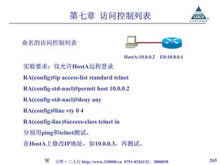 第七章 访问控制列表


命名的访问控制列表                                                    RA

                                         HostA:10.0.0.2   E0:10.0.0.1

实验要求：仅允许HostA远程登录
RA(config)#ip access-list standard telnet
RA(config-std-nacl)#permit host 10.0.0.2
RA(config-std-nacl)#deny any
RA(config)#line vty 0 4
RA(config-line)#access-class telnet in
分别用ping和telnet测试。
在HostA上修改IP地址，如10.0.0.3，再测试。

            方晖·三人行 http://www.330000.cn 0791-8526132、3800058            265
 
