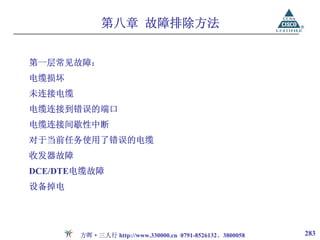 第八章 故障排除方法


第一层常见故障：
电缆损坏
未连接电缆
电缆连接到错误的端口
电缆连接间歇性中断
对于当前任务使用了错误的电缆
收发器故障
DCE/DTE电缆故障
设备掉电




        方晖·三人行 http://www.330000.cn 0791-8526132、3800058   283
 