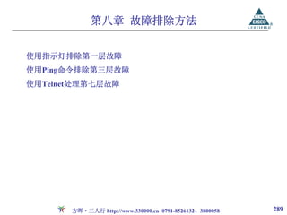 第八章 故障排除方法


使用指示灯排除第一层故障
使用Ping命令排除第三层故障
使用Telnet处理第七层故障




       方晖·三人行 http://www.330000.cn 0791-8526132、3800058   289
 