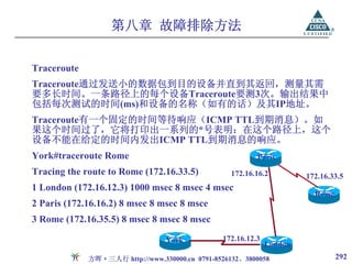 第八章 故障排除方法


Traceroute
Traceroute通过发送小的数据包到目的设备并直到其返回，测量其需
要多长时间。一条路径上的每个设备Traceroute要测3次。输出结果中
包括每次测试的时间(ms)和设备的名称（如有的话）及其IP地址。
Traceroute有一个固定的时间等待响应（ICMP TTL到期消息）。如
果这个时间过了，它将打印出一系列的*号表明：在这个路径上，这个
设备不能在给定的时间内发出ICMP TTL到期消息的响应。
York#traceroute Rome                                      Paris
Tracing the route to Rome (172.16.33.5)           172.16.16.2          172.16.33.5
1 London (172.16.12.3) 1000 msec 8 msec 4 msec
                                                                         Rome
2 Paris (172.16.16.2) 8 msec 8 msec 8 msce
3 Rome (172.16.35.5) 8 msec 8 msec 8 msec

                                 York           172.16.12.3
                                                              London
             方晖·三人行 http://www.330000.cn 0791-8526132、3800058                   292
 