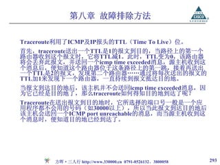 第八章 故障排除方法

Traceroute利用了ICMP及IP报头的TTL（Time To Live）位。
首先，traceroute送出一个TTL是1的报文到目的，当路径上的第一个
路由器收到这个报文时，它将TTL减1。此时，TTL变为0，该路由器
将会丢弃此报文，并送回一个icmp time exceeded消息，源主机收到这
个消息后，便知道这个路由器位于这条路径上的第一跳，接着再送出
一个TTL是2的报文，发现第二个路由器……通过将每次送出的报文的
TTL加1来发现下一个路由器，一直持续到报文抵达目的地。
当报文到达目的地后，该主机并不会送回icmp time exceeded消息，因
为它已经是目的地了，那么traceroute如何得知目的地到达了呢？
Traceroute在送出报文到目的地时，它所选择的端口号一般是一个应
用程序都不会用的号码（如30000以上），所以当此报文到达目的地后
该主机会送回一个ICMP port unreachable的消息，而当源主机收到这
个消息时，便知道目的地已经到达了。




        方晖·三人行 http://www.330000.cn 0791-8526132、3800058   293
 