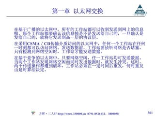 第一章 以太网交换

在基于广播的以太网中，所有的工作站都可以收到发送到网上的信息
帧。每个工作站都要确认该信息帧是不是发送给自己的，一旦确认是
发给自己的，就将它发送到高一层的协议层。
在采用CSMA／CD传输介质访问的以太网中，任何一个工作站在任何
一时刻都可以访问网络。发送数据前，工作站要侦听网络是否堵塞，
只有检测到网络空闲时，工作站才能发送数据。
在基于竞争的以太网中，只要网络空闲，任一工作站均可发送数据。
当两个工作站发现网络空闲而同时发出数据时，就发生冲突。这时，
两个传送操作都遭到破坏，工作站必须在一定时间后重发，何时重发
由延时算法决定。




      方晖·三人行 http://www.330000.cn 0791-8526132、3800058   301
 
