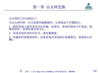 第一章 以太网交换

以太网的工作过程如下：
当以太网中的一台主机要传输数据时，它将按如下步骤进行：
1、帧听信道上收否有信号在传输。如果有，表明信道处于忙状态，就
继续侦听，直到信道空闲为止。
2、若没有侦听到任何信号，就传输数据。
3、传输的时候继续侦听，如果发现冲突则执行退避算法，重新执行步
骤1。




     方晖·三人行 http://www.330000.cn 0791-8526132、3800058   302
 