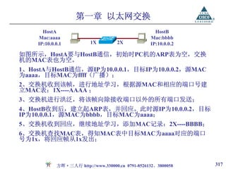 第一章 以太网交换
      HostA                                         HostB
    Mac:aaaa                                      Mac:bbbb
    IP:10.0.0.1          1X         2X            IP:10.0.0.2

如图所示，HostA要与HostB通信，初始时PC机的ARP表为空，交换
机的MAC表也为空。
1、HostA与HostB通信，源IP为10.0.0.1，目标IP为10.0.0.2，源MAC
为aaaa，目标MAC为ffff（广播）；
2、交换机收到该帧，进行地址学习，根据源MAC和相应的端口号建
立MAC表：1X----AAAA ；
3、交换机进行洪泛，将该帧向除接收端口以外的所有端口发送；
4、HostB收到后，建立起ARP表，并回应。此时源IP为10.0.0.2，目标
IP为10.0.0.1，源MAC为bbbb，目标MAC为aaaa；
5、交换机收到回应，继续地址学习，添加MAC记录：2X----BBBB；
6、交换机查找MAC表，得知MAC表中目标MAC为aaaa对应的端口
号为1x，将回应帧从1x发出；



            方晖·三人行 http://www.330000.cn 0791-8526132、3800058    317
 