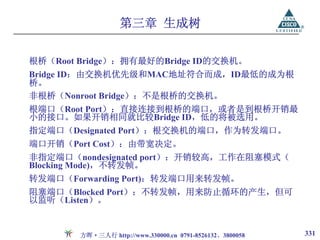 第三章 生成树

根桥（Root Bridge）：拥有最好的Bridge ID的交换机。
Bridge ID：由交换机优先级和MAC地址符合而成，ID最低的成为根
桥。
非根桥（Nonroot Bridge）：不是根桥的交换机。
根端口（Root Port）：直接连接到根桥的端口，或者是到根桥开销最
小的接口。如果开销相同就比较Bridge ID，低的将被选用。
指定端口（Designated Port）：根交换机的端口，作为转发端口。
端口开销（Port Cost）：由带宽决定。
非指定端口（nondesignated port）：开销较高，工作在阻塞模式（
Blocking Mode)，不转发帧。
转发端口（Forwarding Port)：转发端口用来转发帧。
阻塞端口（Blocked Port）：不转发帧，用来防止循环的产生，但可
以监听（Listen）。


        方晖·三人行 http://www.330000.cn 0791-8526132、3800058   331
 