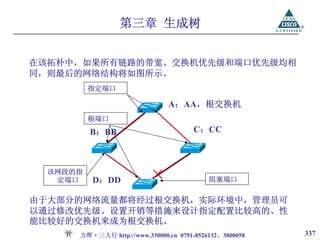 第三章 生成树


在该拓朴中，如果所有链路的带宽、交换机优先级和端口优先级均相
同，则最后的网络结构将如图所示。
          指定端口

                               A：AA，根交换机
          根端口
          B：BB                         C：CC



  该网段的指
   定端口    D：DD            ×                阻塞端口

由于大部分的网络流量都将经过根交换机，实际环境中，管理员可
以通过修改优先级、设置开销等措施来设计指定配置比较高的、性
能比较好的交换机来成为根交换机。
      方晖·三人行 http://www.330000.cn 0791-8526132、3800058   337
 