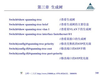 第三章 生成树


Switch#show spanning-tree                    //查看生成树
Switch#show spanning-tree brief              //查看生成树的主要信息
Switch#show spanning-tree vlan 1             //查看某VLAN下的生成树
Switch#show spanning-tree interface fastethernet 0/1
                                             //查看某接口的生成树
Switch(config)#spanning-tree priority        //修改交换机的STP优先级
Switch(config-if)#spanning-tree cost         //修改端口的STP开销
Switch(config-if)#spanning-tree port-priority
                                             //修改端口的STP优先级




             方晖·三人行 http://www.330000.cn 0791-8526132、3800058   340
 