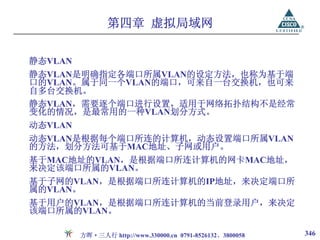 第四章 虚拟局域网

静态VLAN
静态VLAN是明确指定各端口所属VLAN的设定方法，也称为基于端
口的VLAN。属于同一个VLAN的端口，可来自一台交换机，也可来
自多台交换机。
静态VLAN，需要逐个端口进行设置，适用于网络拓扑结构不是经常
变化的情况，是最常用的一种VLAN划分方式。
动态VLAN
动态VLAN是根据每个端口所连的计算机，动态设置端口所属VLAN
的方法，划分方法可基于MAC地址、子网或用户。
基于MAC地址的VLAN，是根据端口所连计算机的网卡MAC地址，
来决定该端口所属的VLAN。
基于子网的VLAN，是根据端口所连计算机的IP地址，来决定端口所
属的VLAN。
基于用户的VLAN，是根据端口所连计算机的当前登录用户，来决定
该端口所属的VLAN。

         方晖·三人行 http://www.330000.cn 0791-8526132、3800058   346
 