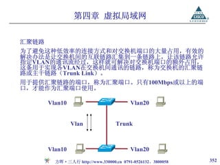 第四章 虚拟局域网

汇聚链路
为了避免这种低效率的连接方式和对交换机端口的大量占用，有效的
解决办法是让交换机间的互联链路汇集到一条链路上，让该链路允许
指定VLAN的通讯流经过，这样就可解决对交换机端口的额外占用，
这条用于实现各VLAN在交换机间通讯的链路，称为交换机的汇聚链
路或主干链路（Trunk Link）。
用于提供汇聚链路的端口，称为汇聚端口。只有100Mbps或以上的端
口，才能作为汇聚端口使用。

       Vlan10                           Vlan20


                Vlan              Trunk



       Vlan10                           Vlan20
         方晖·三人行 http://www.330000.cn 0791-8526132、3800058   352
 