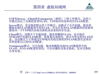 第四章 虚拟局域网

VTP有Server、Client和Transparent（透明）三种工作模式，这些工
作模式决定了交换机管理VLAN、VTP如何传送和同步VLAN配置。
Server模式：是交换机默认的工作模式。该模式下允许创建、修改和
删除本地VLAN数据库中的VLAN，并允许发布VLAN数据库的更新和
接收同一个VTP域内其他交换机发送来的同步信息。
Client模式：该模式下不能创建、修改和删除VLAN，也不能在
NVRAM中存储VLAN配置，如果重启或掉电，将丢失所有的VLAN信
息。该该模式下主要通过VTP域内其他交换机的VLAN配置信息来同
步和更新自己的VLAN配置。
Transparent模式：可以创建、修改和删除本地VLAN数据库中的
VLAN，但VLAN配置的变化，不会传播给其他交换机，仅对交换机
自身有效。




        方晖·三人行 http://www.330000.cn 0791-8526132、3800058   359
 