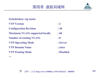 第四章 虚拟局域网


Switch#show vtp status
VTP Version                                   :2
Configuration Revision                        : 10
Maximum VLANs supported locally               : 68
Number of existing VLANs                      :8
VTP Operating Mode                            : Server
VTP Domain Name                               : cisco
VTP Pruning Mode                              : Disabled
…




              方晖·三人行 http://www.330000.cn 0791-8526132、3800058   363
 