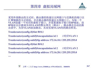 第四章 虚拟局域网


采用外部路由的方式时，路由器的快速以太网接口与交换机的端口以
汇聚链路的方式相连，并在路由器的快速以太网接口上，为每一个
VLAN创建一个对应的虚拟子接口，并设置虚拟子接口的IP地址，该
IP地址以后就成为该VLAN的默认网关（路由）。路由器会自动在路
由表中，为各VLAN添加路由，从而实现VLAN间的路由转发。
Trunkrouter(config-if)#int f0/0.1
Trunkrouter(config-subif)#encapsulation isl 1        //对应VLAN 1
Trunkrouter(config-subif)#ip address 172.16.10.1 255.255.255.0
Trunkrouter(config-if)#int f0/0.2
Trunkrouter(config-subif)#encapsulation isl 2        //对应VLAN 2
Trunkrouter(config-subif)#ip address 172.16.20.1 255.255.255.0
…


             方晖·三人行 http://www.330000.cn 0791-8526132、3800058     367
 