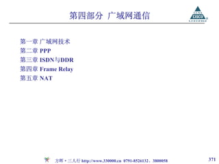 第四部分 广域网通信

第一章 广域网技术
第二章 PPP
第三章 ISDN与DDR
第四章 Frame Relay
第五章 NAT




          方晖·三人行 http://www.330000.cn 0791-8526132、3800058   371
 