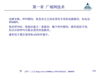 第一章 广域网技术


电路交换：呼叫期间，收发双方之间必须有专用的电路路径，如电话
和ISDN。
每次呼叫时，将临时建立一条路径，整个呼叫期间，路径保持不变，
但以后的呼叫可能会使用其他路径。
通常用于偶尔使用WAN的环境中。




     方晖·三人行 http://www.330000.cn 0791-8526132、3800058   374
 