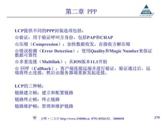 第二章 PPP

LCP提供不同的PPP封装选项包括：
☆验证：用于验证呼叫方身份，包括PAP和CHAP
☆压缩（Compression）：加快数据收发，在接收方解压缩
☆错误检测（Error Detection）：使用Quality和Magic Number来保证
数据可靠性
☆多重连接（Multilink）：从IOS版本11.1开始
☆ 回呼（Callback）：客户端连接远端并进行验证，验证通过后，远
端将终止连接，然后由服务器端重新发起连接。

LCP的三种帧：
链路建立帧：建立和配置链路
链路终止帧：终止链路
链路维护帧：管理和维护链路

         方晖·三人行 http://www.330000.cn 0791-8526132、3800058   379
 