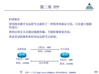 第二章 PPP


PAP验证
使用两次握手为远程节点提供了一种简单的验证方法，只在建立链路
时进行。
密码以明文方式通过链路传输，不能防御重复尝试。
登录尝试的频率和时间由远程节点控制。


                     主机名：ABC
   远程设备                                   中心设备
                     密码：123456


   主机名：ABC                               主机名：ABC
   密码：123456          允许/拒绝              密码：123456


         方晖·三人行 http://www.330000.cn 0791-8526132、3800058   385
 