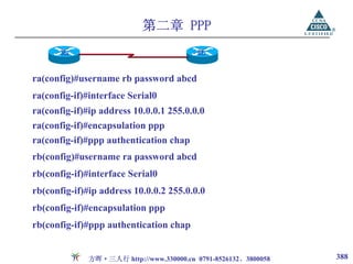 第二章 PPP
       Ra                                 Rb


ra(config)#username rb password abcd
ra(config-if)#interface Serial0
ra(config-if)#ip address 10.0.0.1 255.0.0.0
ra(config-if)#encapsulation ppp
ra(config-if)#ppp authentication chap
rb(config)#username ra password abcd
rb(config-if)#interface Serial0
rb(config-if)#ip address 10.0.0.2 255.0.0.0
rb(config-if)#encapsulation ppp
rb(config-if)#ppp authentication chap


              方晖·三人行 http://www.330000.cn 0791-8526132、3800058   388
 