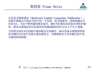 第四章 Frame Relay


后向显式拥塞通知（Backward Explicit Congestion Notification ）：
是帧中继帧头中地址字段中的一个比特。发生拥塞时，将帧的BECN
位设为1，当这个帧传输到源设备时，BECN位通知该设备在网络传输
时，帧在从源地址到目标地址的传输线路的相反方向上产生了拥塞。
当设置过FECN位的帧中继的帧反向传输时，DCE设备会根据网络情
况对BECN位进行设置以通知接收方，该数据帧在方向传输过程中是
否遇到网络拥塞。




          方晖·三人行 http://www.330000.cn 0791-8526132、3800058   419
 