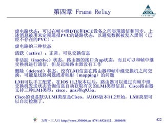 第四章 Frame Relay

虚电路状态：可以在帧中继DTE和DCE设备之间实现通信和同步。上
述消息被用来定期通报PVC的链路状态，以避免数据被发入黑洞（已
经不存在的PVC）。
虚电路的三种状态
活跃（active）：正常，可以交换信息
非活跃（inactive）状态：路由器的接口为up状态，而且可以和帧中继
交换机进行通信，但是远端路由器没有工作
删除（deleted）状态：没有LMI信息在路由器和帧中继交换机之间交
换，可能是线路问题或者映射（mapping）的问题
LMI可以手工配置。在IOS 11.2版本以后，路由器可以通过向帧中继
交换机发送状态查询信息自动获取有关的LMI类型信息。Cisco路由器
支持三种LMI类型：cisco、ansi和q933a。
Cisco的设备默认LMI类型是Cisco。从IOS版本11.2开始，LMI类型可
以自动检测了。



       方晖·三人行 http://www.330000.cn 0791-8526132、3800058   422
 