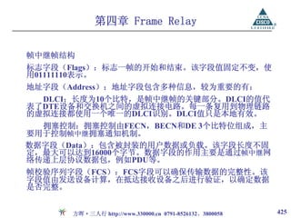 第四章 Frame Relay

帧中继帧结构
标志字段（Flags）：标志一帧的开始和结束。该字段值固定不变，使
用01111110表示。
地址字段（Address）：地址字段包含多种信息，较为重要的有：
  DLCI：长度为10个比特，是帧中继帧的关键部分。DLCI的值代
表了DTE设备和交换机之间的虚拟连接电路。每一条复用到物理链路
的虚拟连接都使用一个唯一的DLCI识别。DLCI值只是本地有效。
  拥塞控制：拥塞控制由FECN，BECN和DE 3个比特位组成，主
要用于控制帧中继拥塞通知机制。
数据字段（Data）：包含被封装的用户数据或负载。该字段长度不固
定，最大可以达到16000个字节。数据字段的作用主要是通过帧中继网
络传递上层协议数据包，例如PDU等。
帧校验序列字段（FCS）：FCS字段可以确保传输数据的完整性。该
字段值由发送设备计算，在抵达接收设备之后进行验证，以确定数据
是否完整。


      方晖·三人行 http://www.330000.cn 0791-8526132、3800058   425
 