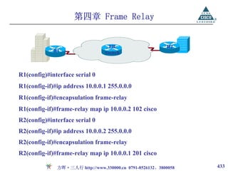 第四章 Frame Relay


                                  FR                      R2
             R1                  Switch



R1(config)#interface serial 0
R1(config-if)#ip address 10.0.0.1 255.0.0.0
R1(config-if)#encapsulation frame-relay
R1(config-if)#frame-relay map ip 10.0.0.2 102 cisco
R2(config)#interface serial 0
R2(config-if)#ip address 10.0.0.2 255.0.0.0
R2(config-if)#encapsulation frame-relay
R2(config-if)#frame-relay map ip 10.0.0.1 201 cisco

              方晖·三人行 http://www.330000.cn 0791-8526132、3800058   433
 