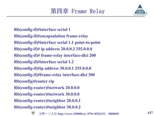 第四章 Frame Relay

Rb(config-if)#interface serial 1
Rb(config-if)#encapsulation frame-relay
Rb(config-if)#interface serial 1.1 point-to-point
Rb(config-if)# ip address 20.0.0.2 255.0.0.0
Rb(config-if)# frame-relay interface-dlci 200
Rb(config-if)#interface serial 1.2
Rb(config-if)#ip address 30.0.0.1 255.0.0.0
Rb(config-if)#frame-relay interface-dlci 300
Rb(config)#router rip
Rb(config-router)#network 20.0.0.0
Rb(config-router)#network 30.0.0.0
Rb(config-router)#neighbor 20.0.0.1
Rb(config-router)#neighbor 30.0.0.2
              方晖·三人行 http://www.330000.cn 0791-8526132、3800058   437
 