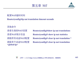 第五章 NAT


配置NAT超时时间
Router(config)#ip nat translation timeout seconds


其他命令
查看生效的NAT设置                  Router(config)#show ip nat translations
查看NAT统计信息                   Router(config)# show ip nat statistics
清除所有动态NAT配置                 Router(config)# clear ip nat translation *
清除单个动态NAT配置                 Router(config)# clear ip nat translation
<global-ip>




             方晖·三人行 http://www.330000.cn 0791-8526132、3800058            445
 