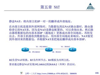 第五章 NAT


静态NAT：将内部主机IP一对一的翻译成外部地址。
在内部主机连接到外部网络时，当数据包到达NAT路由器时，路由器
检查它的NAT表，因为是NAT是静态配置的，可以查询出来，然后路
由器将数据包的内部本部IP（源地址）更换成内部全局地址，再转发
出去。外部主机接收到数据包后，用内部全局地址来响应，NAT接受
到外部回来的数据包，再根据NAT表把地址翻译成内部本部IP。

                      S1：192.168.0.1                      S1：20.0.0.2
        R1                             R2                               R3
             S0：192.168.0.2                 S0：20.0.0.1



R2负责NAT转换，R3为外网节点，R1模拟为内网主机。
要求通过静态NAT实现192.168.0.2到20.0.0.2（外网）的访问。


         方晖·三人行 http://www.330000.cn 0791-8526132、3800058                    446
 