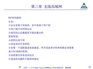 第三章 无线局域网

WEP的局限性
认证：
☆认证是基于设备的，而不是基于用户的
☆客户端不对网络认证
☆现有的认证数据库不能负载分担
密钥管理：
☆密钥长度不变
☆设备和AP共享密钥
☆如果一个适配器或设备被盗，所有设备和AP的密钥都必须重置
基于RC4的WEP密钥：
☆加密算法容易受到攻击
☆消息的完整性不能得到保证


          方晖·三人行 http://www.330000.cn 0791-8526132、3800058   45
 