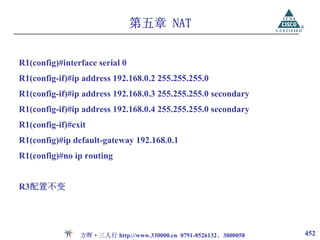 第五章 NAT


R1(config)#interface serial 0
R1(config-if)#ip address 192.168.0.2 255.255.255.0
R1(config-if)#ip address 192.168.0.3 255.255.255.0 secondary
R1(config-if)#ip address 192.168.0.4 255.255.255.0 secondary
R1(config-if)#exit
R1(config)#ip default-gateway 192.168.0.1
R1(config)#no ip routing


R3配置不变




                方晖·三人行 http://www.330000.cn 0791-8526132、3800058   452
 