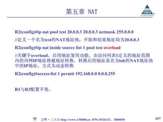 第五章 NAT


R2(config)#ip nat pool test 20.0.0.3 20.0.0.3 netmask 255.0.0.0
//定义一个名为test的NAT地址池，开始和结束地址均为20.0.0.3
R2(config)#ip nat inside source list 1 pool test overload
//关键字overload，启用地址复用功能。由访问列表1定义的地址范围
内的内网IP地址将被地址转换，转换后的地址是名为lab的NAT地址池
中的IP地址，方式为动态转换
R2(config)#access-list 1 permit 192.168.0.0 0.0.0.255


R1与R3配置不变。




              方晖·三人行 http://www.330000.cn 0791-8526132、3800058    457
 