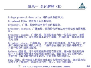 附录一 名词解释（B）

Bridge protocol data unit：网桥协议数据单元。
Broadband ISDN：宽带综合业务数字网。
Broadcast：广播。传给网络所有节点的数据包。
Broadcast address：广播地址。预留给向所有站点传送信息的特殊地
址。
Broadcast domain：广播区域。能接收集合内任一设备发出的广播帧
所有设备的集合。因为路由器不转发广播帧，广播区域一般由路由器
设定边界。
Broadcast storm：广播风暴。一种讨厌的网络事件，事件发生时，许
多广播同时在所有网段上传送。广播风暴占用相当可观的网络带宽，
并且一般会引起网络超时。
Buffer：缓冲器。用于处理转接数据的存储区域。缓冲区用在互联网
络中可以退避网络设备间处理速度的差别。数据突发可存在缓冲区，
直到它们可以被较慢的设备处理。有时也称为包缓冲区。
Bus：总线。由电线或其他媒介组成的公共物理信号路径，通过该路径
信号可从计算机的一部分传送到另一部分。有时也称母线。
        方晖·三人行 http://www.330000.cn 0791-8526132、3800058   468
 