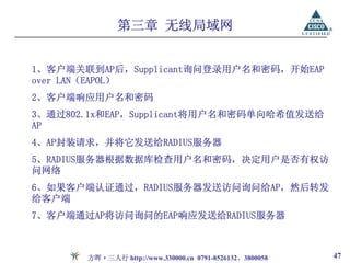 第三章 无线局域网


1、客户端关联到AP后，Supplicant询问登录用户名和密码，开始EAP
over LAN（EAPOL）
2、客户端响应用户名和密码
3、通过802.1x和EAP，Supplicant将用户名和密码单向哈希值发送给
AP
4、AP封装请求，并将它发送给RADIUS服务器
5、RADIUS服务器根据数据库检查用户名和密码，决定用户是否有权访
问网络
6、如果客户端认证通过，RADIUS服务器发送访问询问给AP，然后转发
给客户端
7、客户端通过AP将访问询问的EAP响应发送给RADIUS服务器



       方晖·三人行 http://www.330000.cn 0791-8526132、3800058   47
 