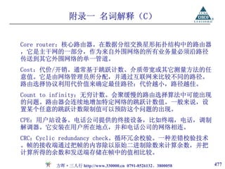 附录一 名词解释（C）


Core router：核心路由器。在数据分组交换星形拓扑结构中的路由器
，它是主干网的一部分，作为来自外围网络的所有业务量必须沿路径
传送到其它外围网络的单一管道。
Cost：代价/开销。通常基于跳跃计数、介质带宽或其它测量方法的任
意值。它是由网络管理员所分配，并通过互联网来比较不同的路径。
路由选择协议利用代价值来确定最佳路径：代价越小，路径越佳。
Count to infinity：无穷计数。会聚缓慢的路由选择算法中可能出现
的问题。路由器会连续地增加特定网络的跳跃计数值。一般来说，设
置某个任意的跳跃计数限制值可以预防这个问题的出现。
CPE：用户站设备。电话公司提供的终接设备，比如终端，电话，调制
解调器。它安装在用户所在地点，并和电话公司的网络相连。
CRC：Cyclic redundancy check。循环冗余校验。一种差错校验技术
。帧的接收端通过把帧的内容除以原始二进制除数来计算余数，并把
计算所得的余数和发送端存储在帧中的值相比较。

        方晖·三人行 http://www.330000.cn 0791-8526132、3800058   477
 