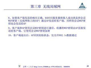 第三章 无线局域网


8、如果客户端发送的响应正确，RADIUS服务器将接入成功消息和会话
WEP密钥（无线网络上的EAP）通过AP发送给客户端。同样的会话WEP密
钥也会发送给AP
9、客户端和AP使用会话WEP密钥进行通信。组播的WEP密钥由AP直接发
送给客户端。它使用会话WEP密钥加密
10、客户端退出后，AP回到初始状态，仅允许802.1x数据通过




      方晖·三人行 http://www.330000.cn 0791-8526132、3800058   48
 