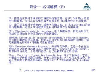附录一 名词解释（E）

E1：指的是主要用于欧洲的广域数字传输方案，它以2.048 Mbps的速
率传输数据。可以从公共电信服务商那里租用E1线路作为专用线路。
E3：指的是主要用于欧洲的广域数字传输方案，它以34.368 Mbps的速
率传输数据。可以从共用载波那里租用E3线路作为专用线路。
EDI：Electronic data interchange。电子数据互换。指的是组织之
间进行的类如订单和发票的电子数据通信。
EEPROM：Electrically erasable programmable read-only memory。
电可擦可编程只读存储器。指的是可以使用专门接线端所用的电子信
号来擦除的EPROM（可编程只读存储器）。
EGP：Exterior Gateway Protocol。外部网关协议。它是一个在自治
系统之间交换路由选择信息的因特网协议。它定义在RFC 904文档中。
外部网关协议是一个过时的协议，它已经被BGP协议所代替。
EIA： Electronic Industries Association。电子工业协会。它是一
个制定电子传输标准的组织。电子工业协会和TIA（电信工业协会）制
定了大量的有名的通信标准，例如EIA/TIA-232标准和EIA/TIA-449标
准。

           方晖·三人行 http://www.330000.cn 0791-8526132、3800058   487
 