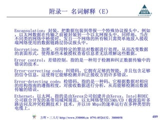 附录一 名词解释（E）

Encapsulation：封装。把数据包装到带报一个特殊协议报头中。例如
，以太网数据在传输之前被封装到一个以太网报头中。同样地，当在
不同类的网络中桥接时，发自一个网络的所有帧只需简单地放入接收
端网络使用的数据链路层协议报头中。
Encryption：加密。应用特定的算法对数据进行处理，从而改变数据
的表面形式，使得那些未被授权查看信息者无法理解这些数据。
Error control：差错控制。指的是一种用于检测和纠正数据传输中的
错误的技术。
Error-correcting code：纠错码。它拥有足够的智能，并且包含足够
的信令信息，这使得它能够检测并纠正接收方的许多错误。
Error-detecting code：检错码。指的是一种码，它根据数据对相应
的结构指南的遵循程度，对接收数据进行分析，从而能够检测出数据
传输的错误。
Ethernet：以太网。指的是由Xerox公司创建并由Xerox、Intel和DEC
公司联合开发的基带局域网规范。以太网络使用CSMA/CD（载波监听多
路访问及冲突检测技术）技术，并以10 Mbps的速率运行在多种类型的
电缆上。

        方晖·三人行 http://www.330000.cn 0791-8526132、3800058   489
 