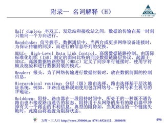 附录一 名词解释（H）

Half duplex：半双工。发送站和接收站之间，数据的传输在某一时刻
只能向一个方向进行。
Handshake：信号握手。数据通信中，当两台或更多网络设备连接时，
为保证传输的同步，而进行的信息序列的交换。
HDLC： High-Level Data Link Control。高级数据链路控制。由国际
标准化组织（ISO）制定的面向比特的同步数据链路层协议。起源于
SDLC，高级数据链路控制（HDLC）定义了同步串行链接时，使用字符
帧及校验和进行数据封装的模式。
Header：报头。为了网络传输进行数据封装时，放在数据前面的控制
信息。
Hierarchical routing：分层（级）路由选择。路由选择基于层次地
址系统。例如，IP路由选择规则使用包含网络号、子网号和主机号的
IP地址。
Holddown：阻持。路由器在一段阻持时间中，所处于的一种既不通告
路由也不接收路由通告的状态。阻持用于从网络的所有的路由器中冲
掉有关一个路由的不利信息。典型的阻持如，当某路由的一个链接失
败时，此路由将被置为阻持状态。

        方晖·三人行 http://www.330000.cn 0791-8526132、3800058   496
 
