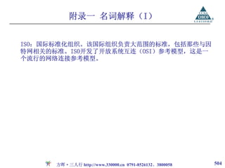 附录一 名词解释（I）


ISO：国际标准化组织。该国际组织负责大范围的标准，包括那些与因
特网相关的标准。ISO开发了开放系统互连（OSI）参考模型，这是一
个流行的网络连接参考模型。




      方晖·三人行 http://www.330000.cn 0791-8526132、3800058   504
 