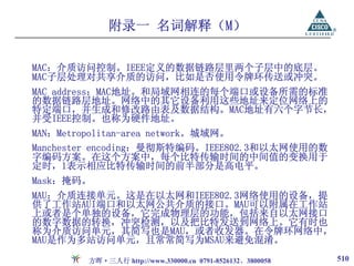 附录一 名词解释（M）

MAC：介质访问控制。IEEE定义的数据链路层里两个子层中的底层。
MAC子层处理对共享介质的访问，比如是否使用令牌环传送或冲突。
MAC address：MAC地址。和局域网相连的每个端口或设备所需的标准
的数据链路层地址。网络中的其它设备利用这些地址来定位网络上的
特定端口，并生成和修改路由表及数据结构。MAC地址有六个字节长，
并受IEEE控制。也称为硬件地址。
MAN：Metropolitan-area network。城域网。
Manchester encoding：曼彻斯特编码。IEEE802.3和以太网使用的数
字编码方案。在这个方案中，每个比特传输时间的中间值的变换用于
定时，1表示相应比特传输时间的前半部分是高电平。
Mask：掩码。
MAU：介质连接单元。这是在以太网和IEEE802.3网络使用的设备，提
供了工作站AUI端口和以太网公共介质的接口。MAU可以附属在工作站
上或者是个单独的设备，它完成物理层的功能，包括来自以太网接口
的数字数据的转换，冲突检测，以及把比特发送到网络上。它有时也
称为介质访问单元，其简写也是MAU，或者收发器。在令牌环网络中，
MAU是作为多站访问单元，且常常简写为MSAU来避免混淆。

        方晖·三人行 http://www.330000.cn 0791-8526132、3800058   510
 